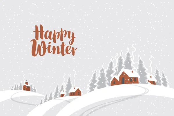 Vector Illustration Calligraphic Inscription Happy Winter Snowy Winter Landscape Village — Stock Vector