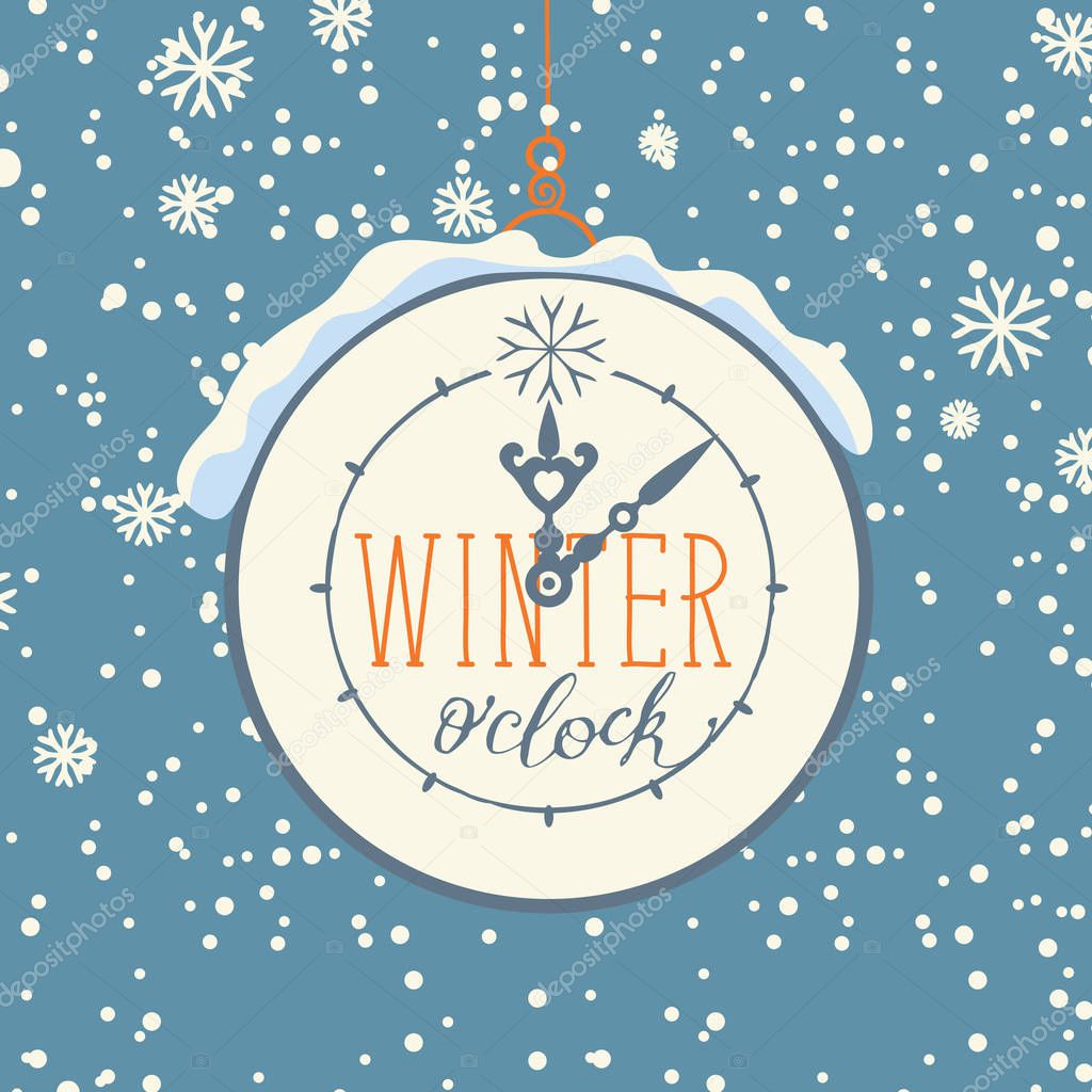 Vector banner with words Winter o'clock on the clock in retro style. Can be used for flyers, banners or posters. Illustration with clock on the blue background with white snowflakes