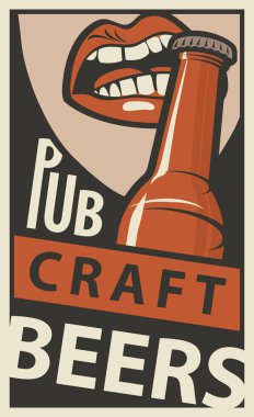 Vektör afiş ile zanaat bira için Pub. Dişlerinle bira şişe açılış ağız ile retro tarzı düz çizimde