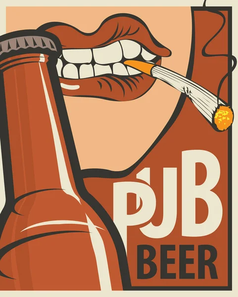 啤酒酒吧的向量横幅 平面插图在复古风格与一瓶啤酒和人的嘴与香烟在他的牙齿 — 图库矢量图片