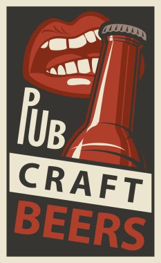 Vektör afiş ile zanaat bira için Pub. Dişlerinle bira şişe açılış ağız ile retro tarzı düz çizimde