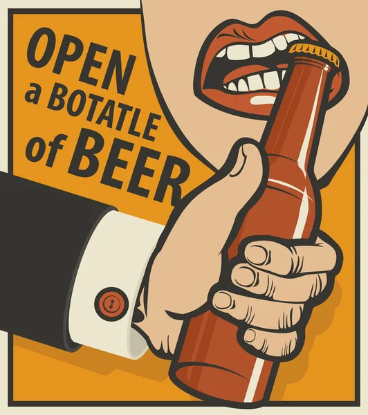 以复古风格的啤酒为主题的矢量横幅 上面写着打开一瓶啤酒 一个人的手的插图与啤酒瓶和嘴打开一个瓶子与你的牙齿 — 图库矢量图片