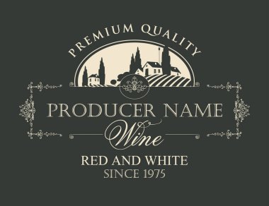 Kırmızı ve beyaz şarap üzüm bağları ve İtalyan retro tarzı köyde kırsal manzara ile vektör etiket