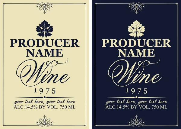 Set Dos Etiquetas Vinos Vectoriales Con Hojas Vid Inscripciones Caligráficas — Vector de stock