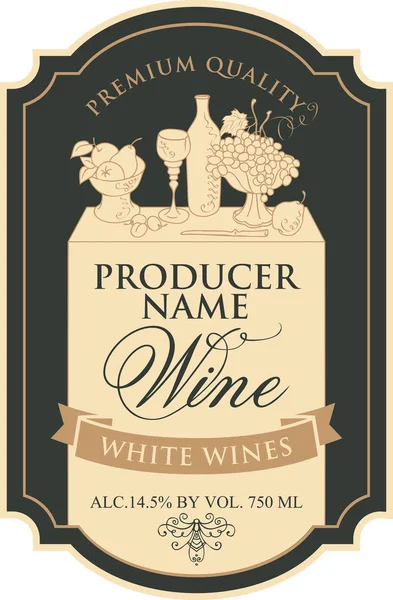 Etichetta Vettoriale Vino Bianco Con Disegno Contorno Nature Morte Bottiglia — Vettoriale Stock