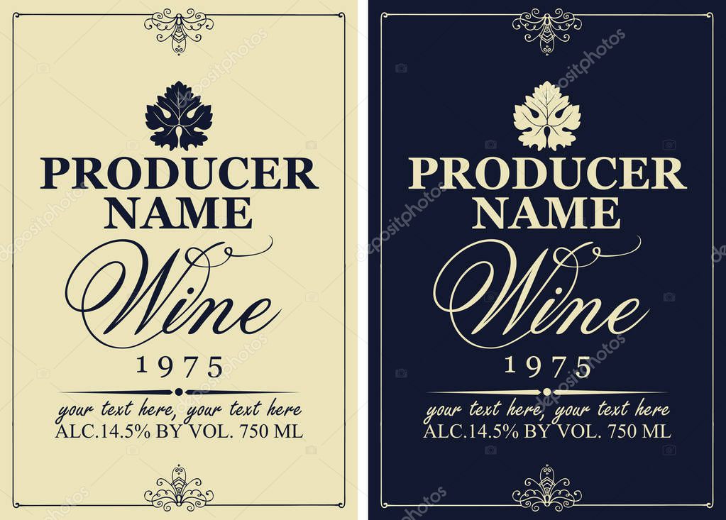 Set of two vector wine labels with vine leaves and calligraphic inscriptions in retro style