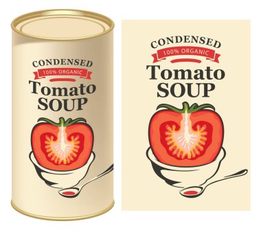 Kesilmiş domates açık renkli ve teneke kutu bu etiketle görüntü ile yoğunlaştırılmış domates çorbası için etiket vektör çizim