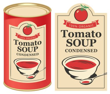 Yoğunlaştırılmış domates çorbası için etiket vektör çizim görüntü açık renkli ve bu etiketle kırmızı konserve domates ile