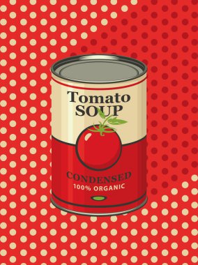Teneke kutu için yoğunlaştırılmış domates çorbası ışık polka noktalı kırmızı masa örtüsü bir arka plan üzerinde bir etiket ile vektör çizim