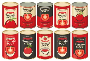 Domates ve yazıtlar görüntüleri ile teneke kutular ile yoğunlaştırılmış domates çorbası için çeşitli etiketler vektör kümesi