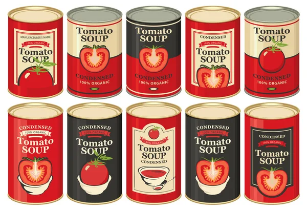 Conjunto Vectorial Latas Con Varias Etiquetas Para Sopa Tomate Condensado — Vector de stock