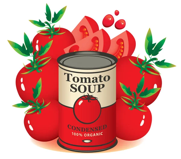 Banner Vetorial Para Sopa Tomate Condensado Ilustração Com Lata Tomates —  Vetores de Stock