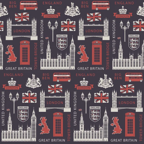 Vector Sömlös Bakgrund Storbritannien Och London Tema Med Brittiska Symboler — Stock vektor