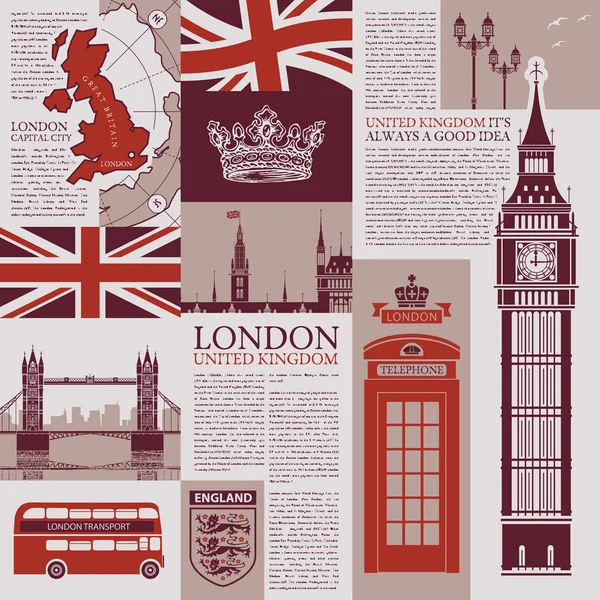 Векторный Фон Тему Великобритании Лондона Газетными Публикациями Архитектурными Памятниками Британскими — стоковый вектор