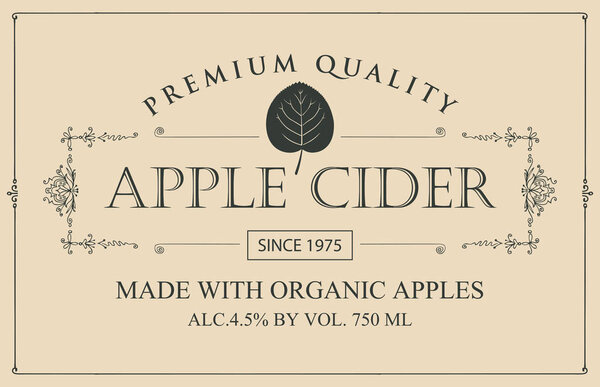 Vector label for apple cider with leaf in figured frame in retro style on the beige background