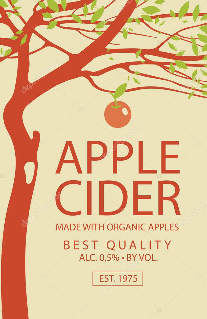 Vector label for apple cider with decorative apple tree and fruit in retro style on beige background