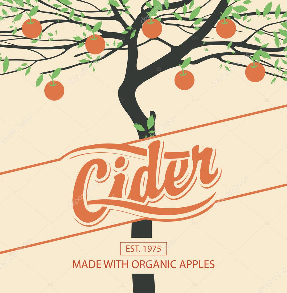 Vector label or banner for apple cider with decorative apple tree and fruit in retro style on beige background