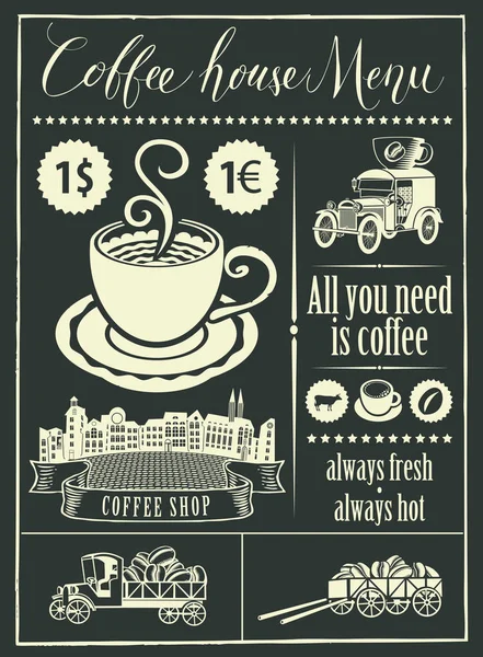 コーヒー ハウスと一連の手書きの銘刻文字とデザイン要素 一杯のコーヒーとレトロなスタイルのビンテージ車のベクトル メニュー 黒板にチョークを描画 — ストックベクタ