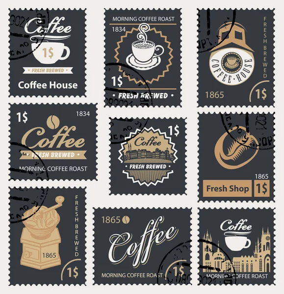 ゴム印でレトロなスタイルでコーヒーをテーマとした切手のベクトルを設定 — ストックベクタ