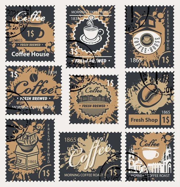 Conjunto Vetorial Selos Postais Sobre Tema Café Estilo Retro Com — Vetor de Stock