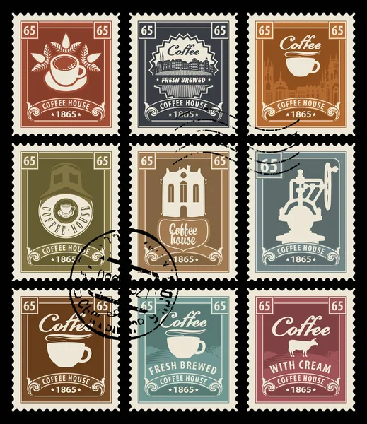 Vector Set Postage Stamps Theme Coffee Retro Style Rubber Stamps — Stock Vector