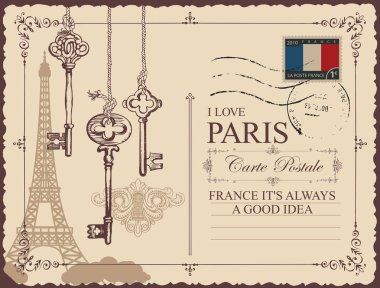 Retro kartpostal ile Eyfel Kulesi Paris, Fransa. Vektör kartpostal ile eski anahtarları ve anahtar delikleri, Paris seviyorum ve lastik damgası ile bej renkli arka plan üzerinde metin için yer kelimelerle vintage tarzı
