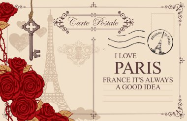 Retro kartpostal ile Eyfel Kulesi Paris, Fransa. Vektör kartpostal vintage tarzı ile kırmızı gül, eski anahtar ve anahtar deliği, posta damgası ve bej renkli arka plan üzerinde Paris aşk sözcükleri