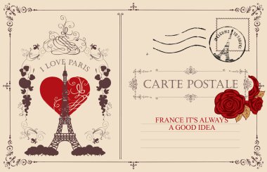 Retro kartpostal ünlü Fransız Eyfel Kulesi Paris, Fransa. Vintage tarzı Fransız Simgesel Yapı, skeç, kırmızı kalp, posta damgası ve Paris aşk sözcükleri ile vektör kartpostal