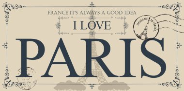 Retro kartpostal ünlü Fransız Eyfel Kulesi Paris, Fransa. Vektör kartpostal Paris, Fransız Simgesel Yapı ve lastik damgası sevdiğimi kelimelerle vintage tarzı