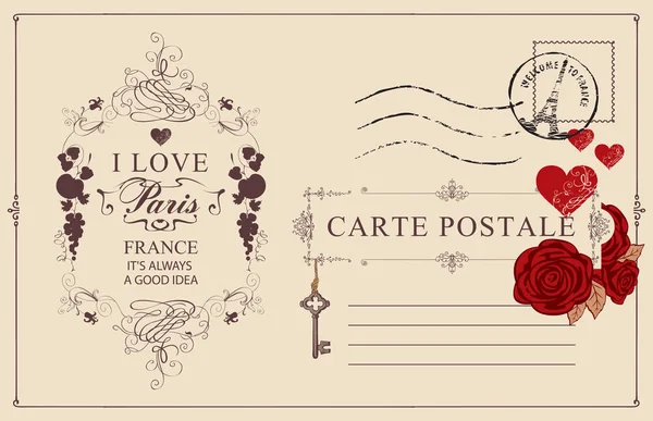 私はパリを愛し 凱旋門とクライアント消印を押す言葉でレトロなポストカード 赤いバラと心 ビネット スタンプのテキストとビンテージ スタイルのロマンチックなベクトルはがき — ストックベクタ