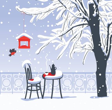 Vector winter banner or landscape with open-air cafe with hot tea on the table and snow-covered tree with red bird feeder. Winter cartoon illustration clipart