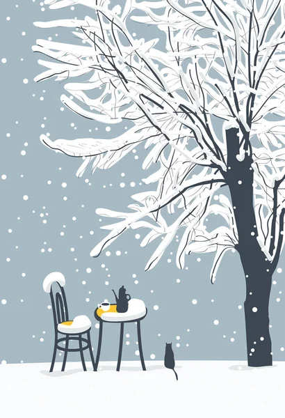 나무와 테이블에 외로운 고양이 뜨거운 — 스톡 벡터