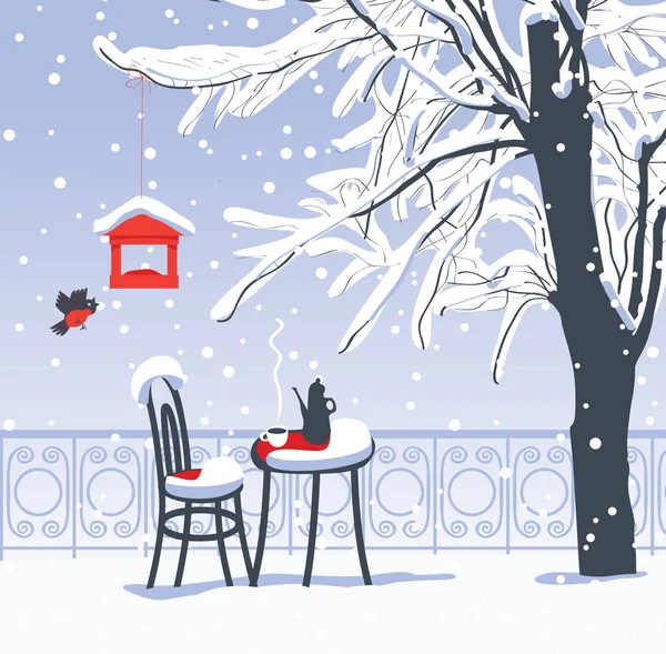 Vector Winter Banner Landschap Met Openlucht Café Met Hete Thee — Stockvector