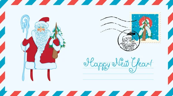Enveloppe Vectorielle Sur Thème Joyeux Noël Bonne Année Avec Timbre — Image vectorielle