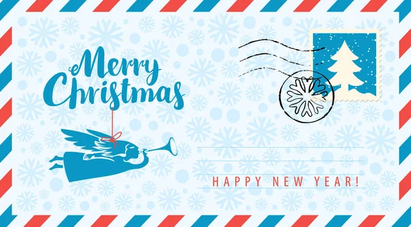 以圣诞及新年为主题的邮票及邮戳的矢量信封 在雪花背景上的琴弦上写着 圣诞快乐 — 图库矢量图片
