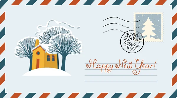 以圣诞和新年为主题的矢量信封 以雪花的形式贴邮票和邮戳 例证与愉快的黄色房子 被雪覆盖的树和题字愉快新年 — 图库矢量图片