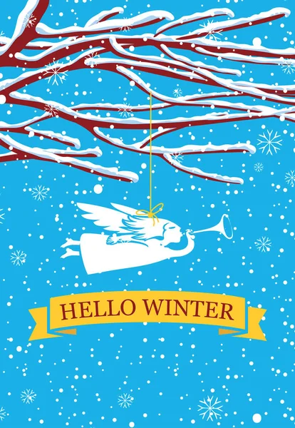 Bandiera Invernale Innevata Con Parole Hello Winter Sfondo Blu Con — Vettoriale Stock