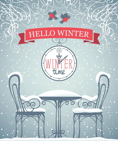 Vector Banner Words Winter Time Clock Words Hello Winter Red — Stock Vector