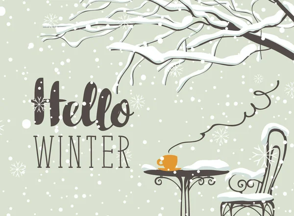 Zimní pouliční kavárna pod stromem s nápisem — Stockový vektor