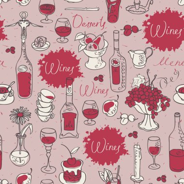 Sofra ve meyve şarap tema üzerinde vektör seamless modeli. Kontur çizimlerle el yazısı yazıtlar ve retro tarzı noktalar kümesi. Duvar kağıdı ve kağıt sarma kullanılabilir