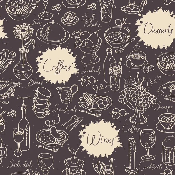 矢量无缝模式的食物和饮料的主题与手写的题字和卡通轮廓图纸的厨房用具 各种菜肴和食品在复古风格的黑暗背景 — 图库矢量图片