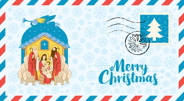 ベクトル封筒切手と消印とクリスマスをテーマに 雪の結晶の背景にマギの礼拝の聖書図 神聖な家族とクリスマスの天使 マリアとイエス — ストックベクタ