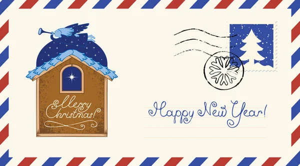 以圣诞节和新年为主题的矢量信封 以复古风格的邮票和邮戳制作 天使与小号飞过屋顶和圣诞明星 — 图库矢量图片