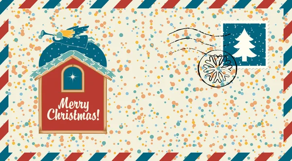 Enveloppe Vectorielle Sur Thème Joyeux Noël Avec Timbre Poste Cachet — Image vectorielle