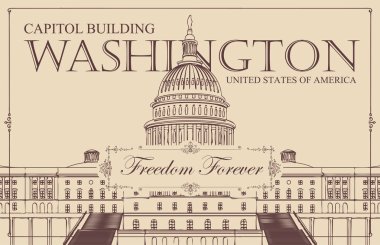 Vektör banner veya kart ile bukleler ve bize Capitol binası, Washington Dc, retro tarzı çizim kontur kelime özgürlük sonsuza kadar. Amerikan Simgesel Yapı.