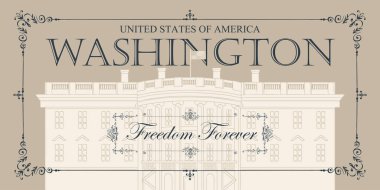 Vektör banner veya kartı çizim, bize Beyaz Saray, Washington DC'de retro tarzı ile. Amerikan Simgesel Yapı.