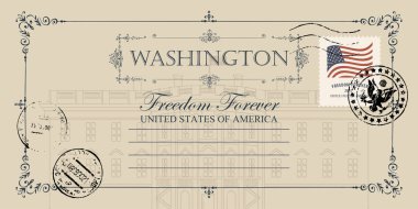Metin için Vintage vektör kartı çizim, bize Beyaz Saray Washington Dc ve yer ile. Amerikan dönüm noktası. Posta damgası ve armasının üzerinde posta damgası Amerikan bayrağı ile Retro kartpostal.