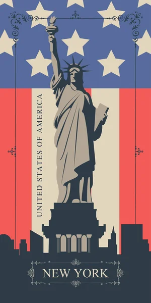 Banner Vectorial Postal Con Famosa Estatua Libertad Nueva York Estilo — Vector de stock