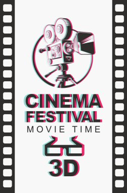 Vektör banner bulanık görüntü eski moda film projektör ve film şeridi arka planda 3d gözlük ile 3d sinema festivali için. Film zamanı. El ilanı, afiş, poster, web sayfası için kullanılabilir