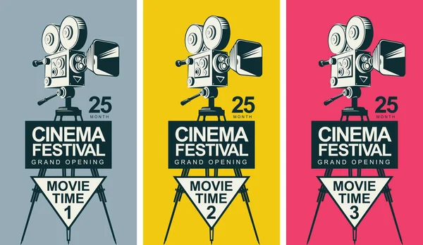 Set Three Vector Posters Cinema Festival Old Fashioned Movie Camera — Stock Vector